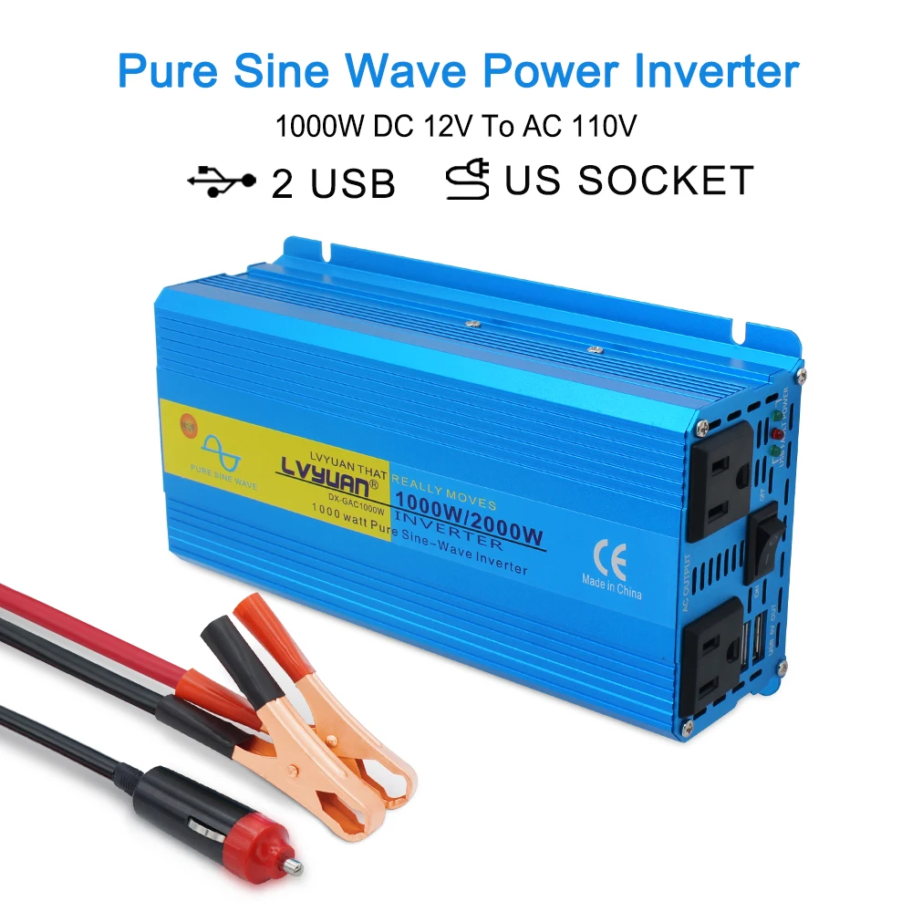 1000W/2000W Pure Sine Wave Inverter US Socket DC 12V/24V to AC 220V 110V 50Hz/60Hz Solar Power Converter Car Cigarette Lighter