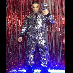 Male Singer Dancer Reflective Laser Costume Silver Sequins Loose Jumpsuit Overalls Rock Hip Hop Tide Cool Performance Clothes