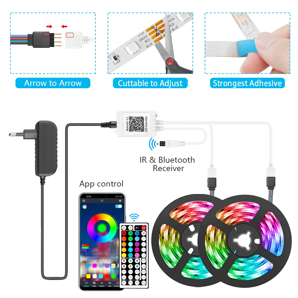 ColorRGB 5M-30M tira de luz LED RGB 5050 cinta Flexible fita tira de luz LED RGB cinta diodo aplicación de teléfono + control remoto