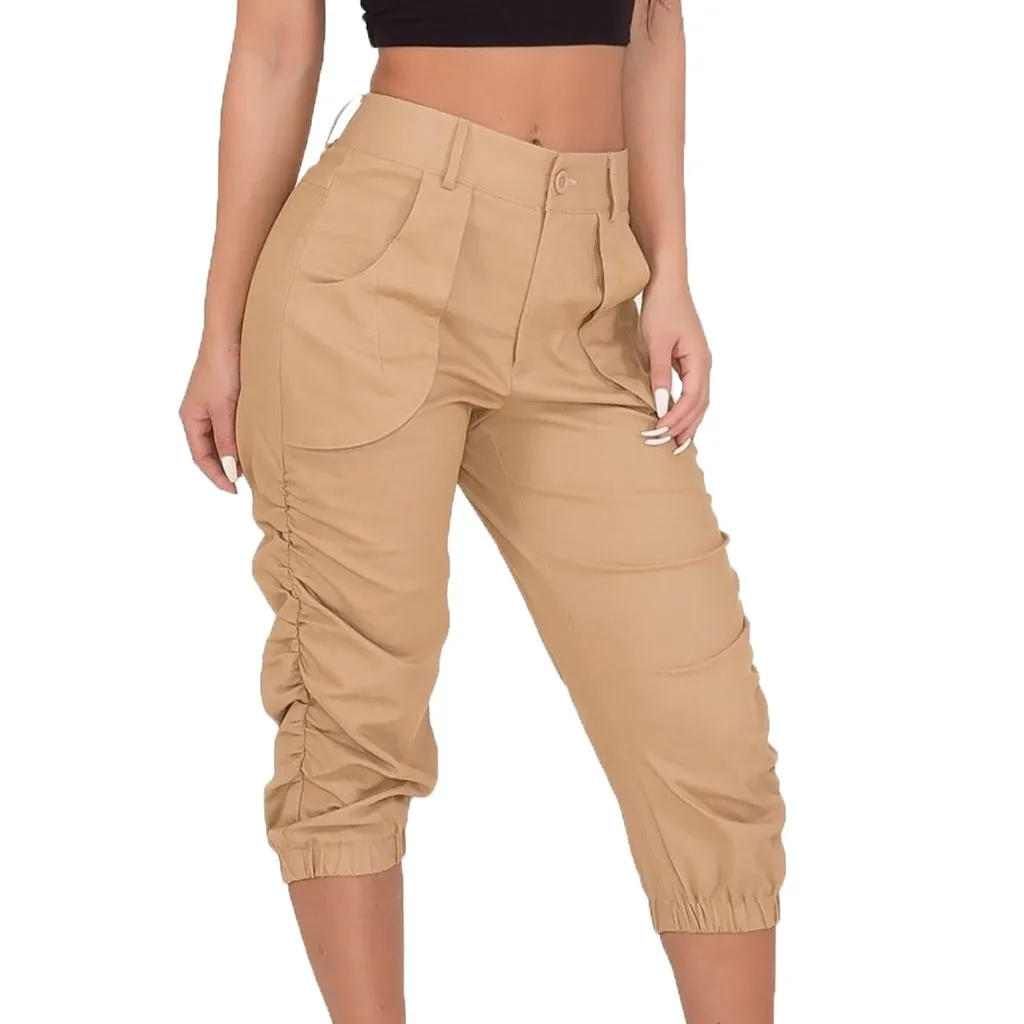 Cropped Trousers 2023 Summer Women's Casual Harem Pants Beam Foot Pants Pocket Loose Fashion High Waist Solid Color Capris 3