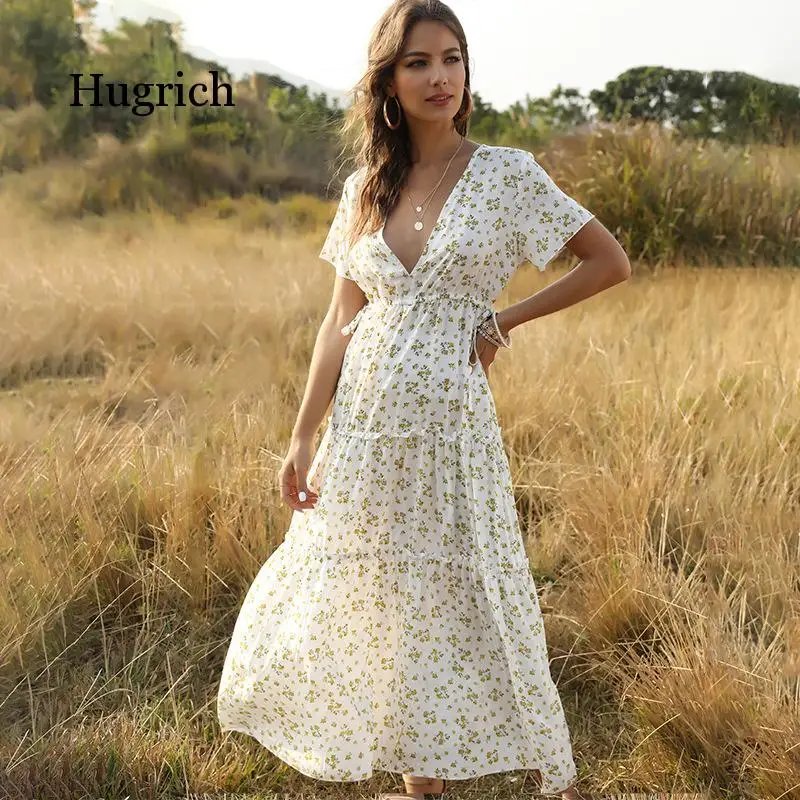 Sweet Floral Print Women Dress 2020 Summer Boho Beach Dress Women Casual Party Dress Sexy Deep V Neck Long Dress Robe