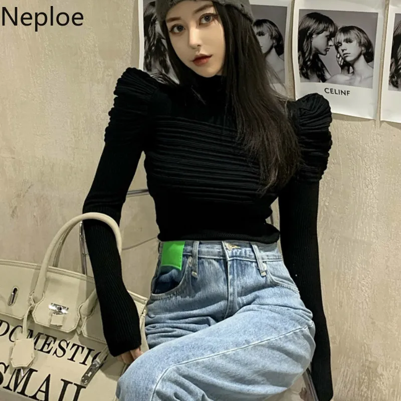 Neploe Fashion Pleated Sweaters for Women Elegant Puff Sleeve White Slim Tops Korean Turtleneck Sweater Jumper Fall Clothes