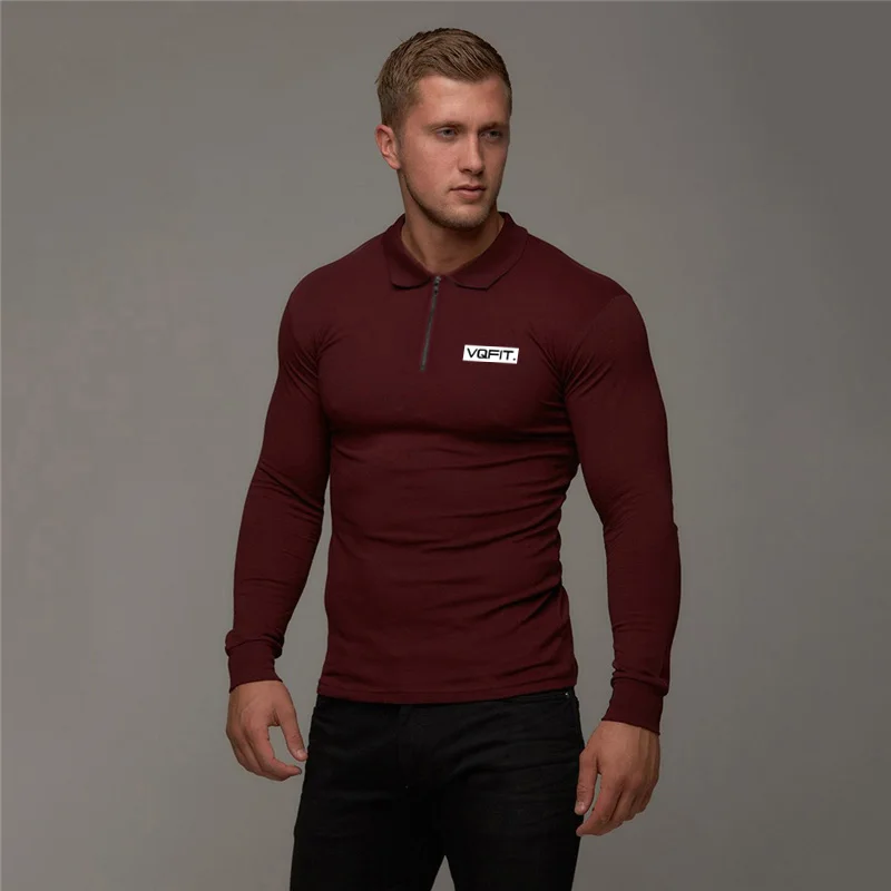 

New Men's Gym Fashion Clothing Workout Casual Polo Shirts Breathable Muscle Long Sleeve Bodybuilding Fitness Zipper Shirt