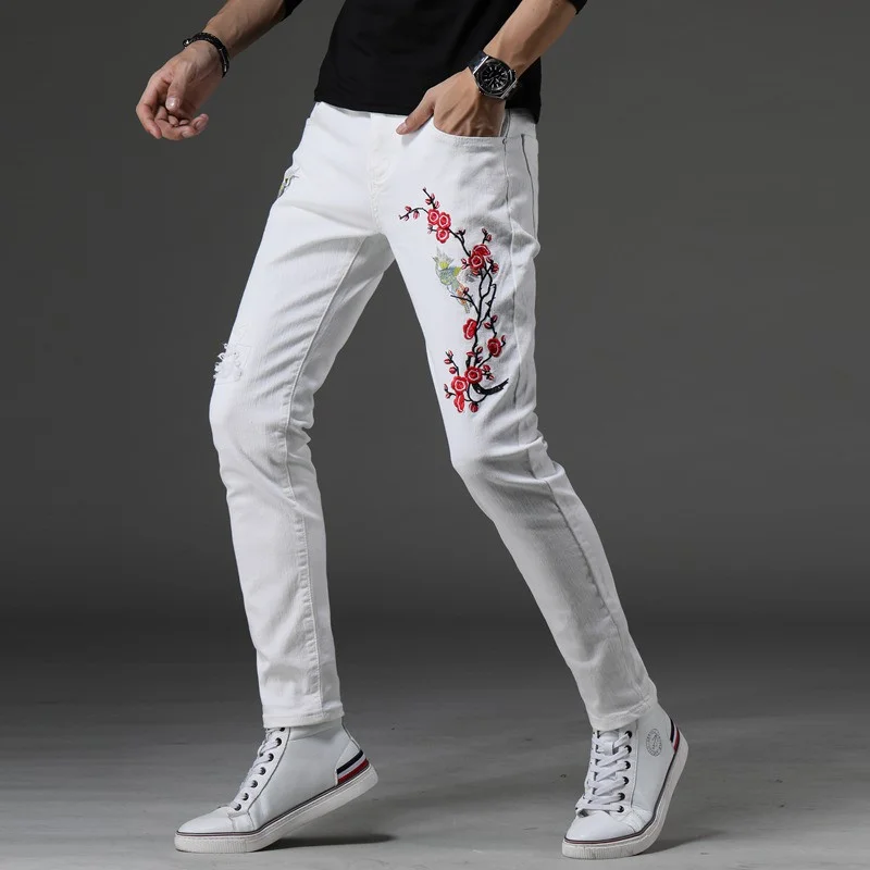 And Flowers Birds Embroidered Mens Jeans Male Casual High Stretch Floral Patch Ripped Distresed Denim Pants Fashion Biker Jeans