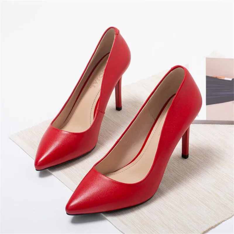 Cowhide Women High Heels Female Shoes Classics Basic Women Pumps Pointed Toe Slip On Casual Shoes Spring Autumn New Arrival