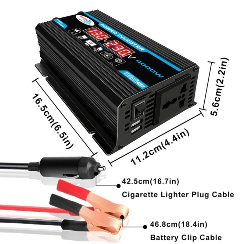 2024 New 4000W DC 12V to AC 220/110V Power Inverter Volts Converter Dual USB Car Inverter with Dual USB Charging Ports