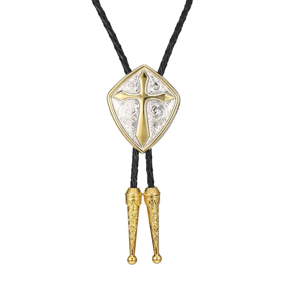 Gold Romen shield cross pattrn bolo tie for man Indian 카우보이 웨스턴 카우걸 가죽 로프 아연 합금 넥타이