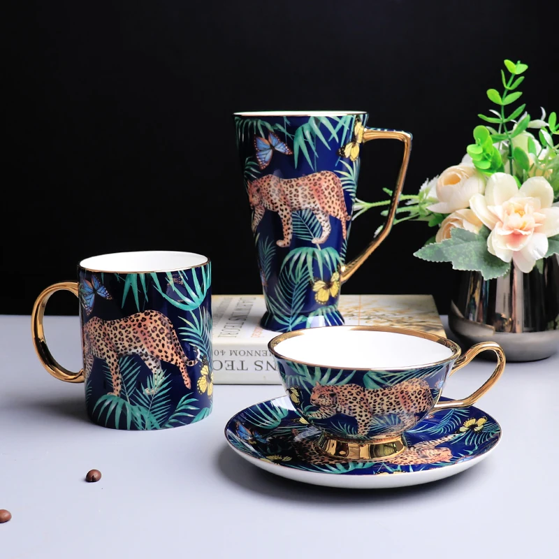 Nordic Large Capacity Coffee Cup Set Leopard Forest Cheetah Bone China Pink Milk Water Afternoon Tea Party Home Drinking