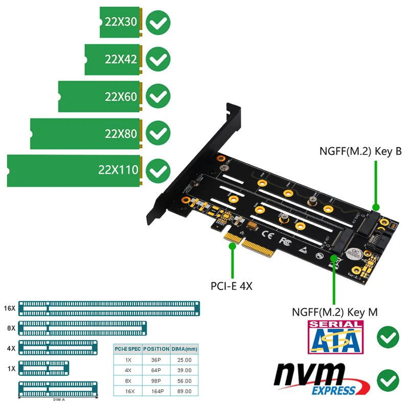 Riser Card Pcie Naar M2 Adapter Uitbreiding Kaarten Pci-E X4 3.0 M.2 Ssd Sata/Nvme Protocol Ssd Adapter M Key/B Sleutel Met 2Pcs Heatsink