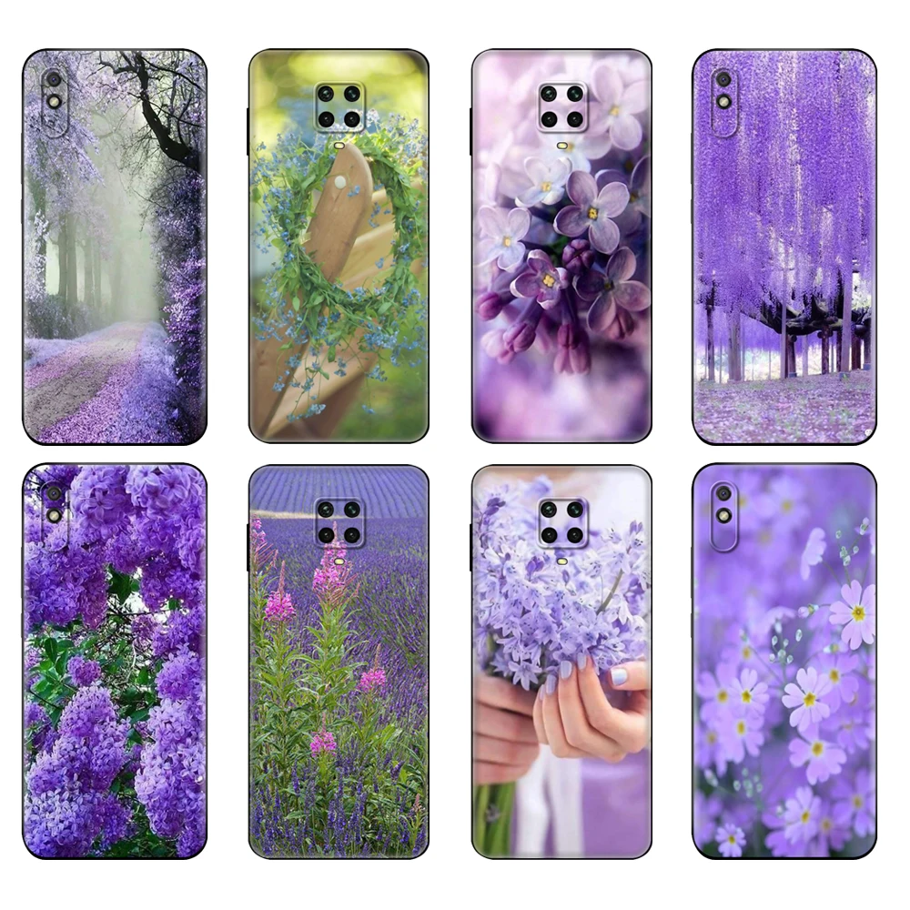 Black tpu Case For Xiaomi Redmi 7A 8 8A 9 9A 9C Case Redmi Note 8T 8 Pro T Note 9 9S 9 Pro Case Plant Lilac Purple Flower