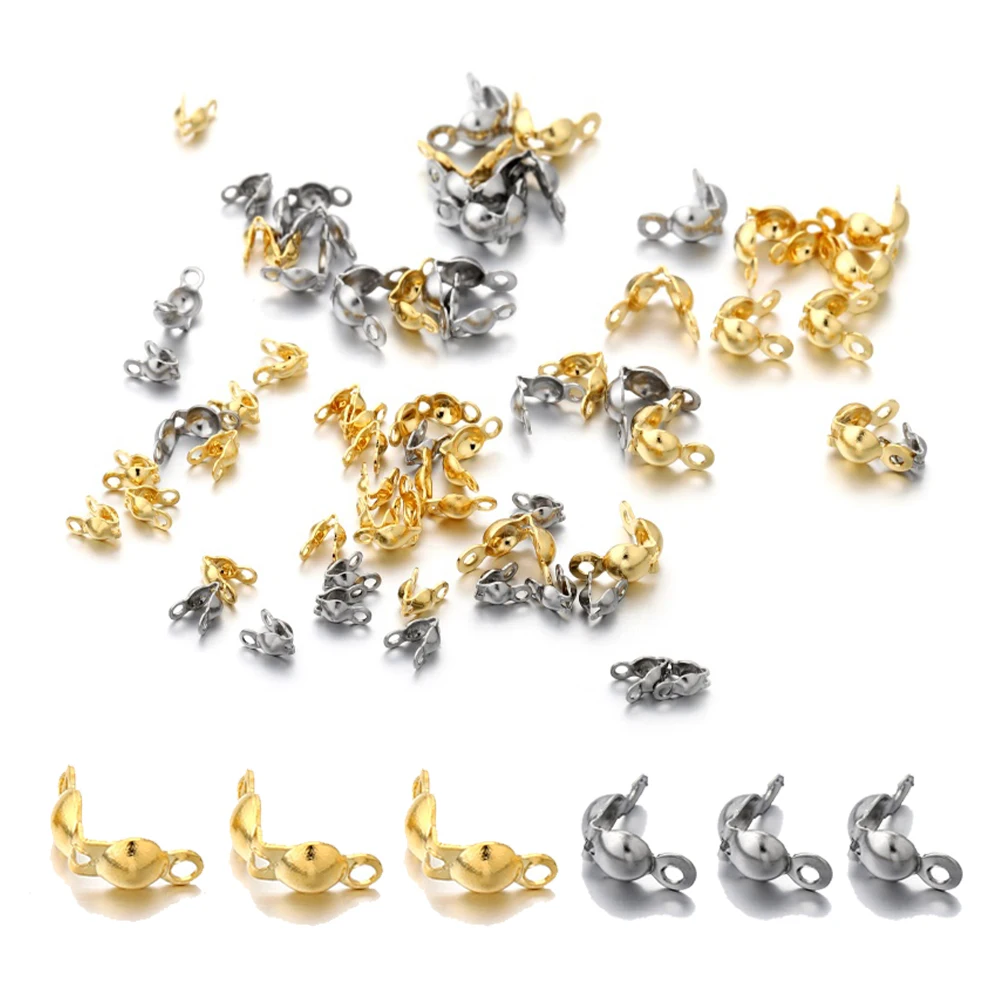 

100Pcs Gold Stainless Steel End Crimps Beads Connector Components Ball Chain Calotte For DIY Jewelry Findings Making Supplies