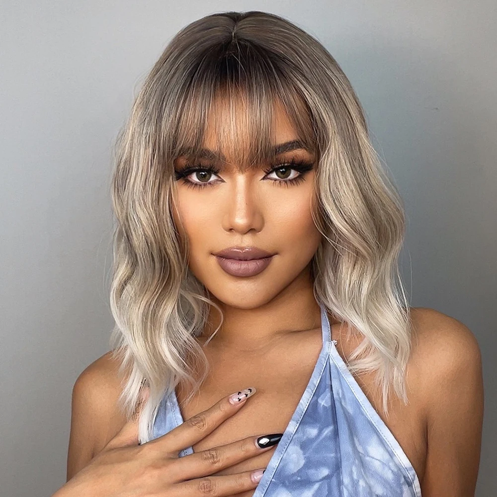 GEMMA Bob Wigs Ash Gray Platinum Synthetic Wig with Bangs for Black Women Short Wave Natural Daily Heat Resistant Cosplay Hair