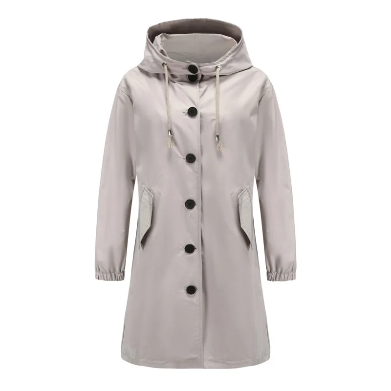 Autumn Winter Clothes Solid Color Hooded Waterproof Jacket Women Fashion Long Trench Coat Loose Casual Outdoor Windbreaker