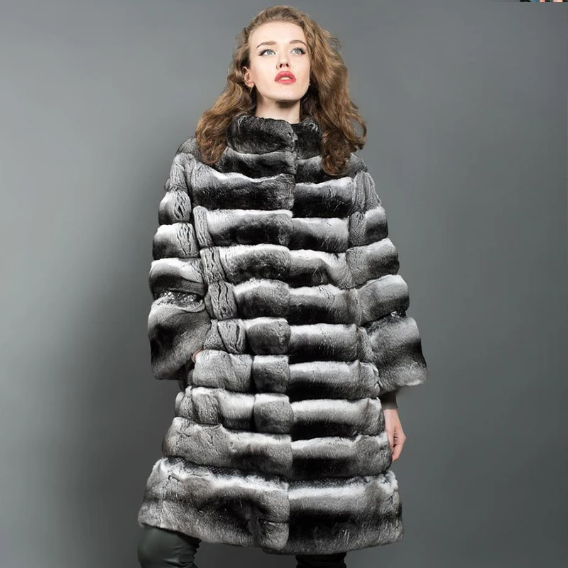 Vera giacca di pelliccia di coniglio Rex per donna Cappotto di pelliccia di cincillà moda invernale Cappotto lungo caldo di alta qualità