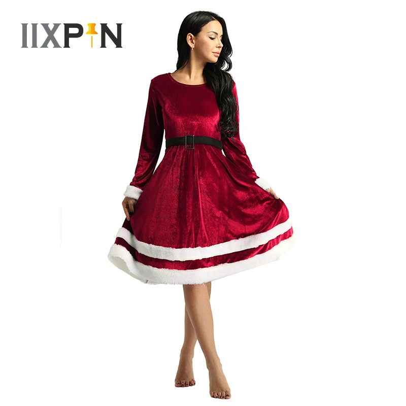 

Women Christmas Dress Winter Velvet Long Sleeves Faux Fur Trim Dresses Mrs Santa Claus Costume Xmas Party Fancy Dress Outfit