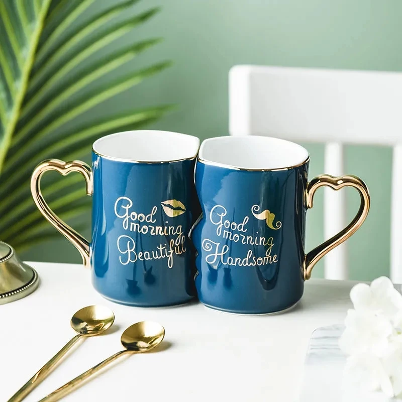 Modern Couple Cup Ceramic Mugs with Tray, Christmas Gift for Engagement, Wedding, Bridal Coffee Cup Set, Drinkware Breakfast