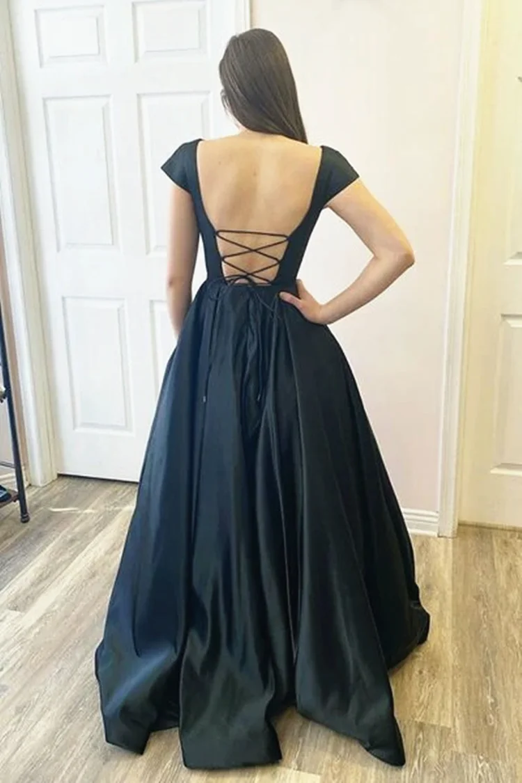 Czarna elegancka sukienka na studniówkę proste kieszenie z krótkimi rękawami kwadratowy dekolt Sexy Backless piętro długość suknia vestido de festa rosa