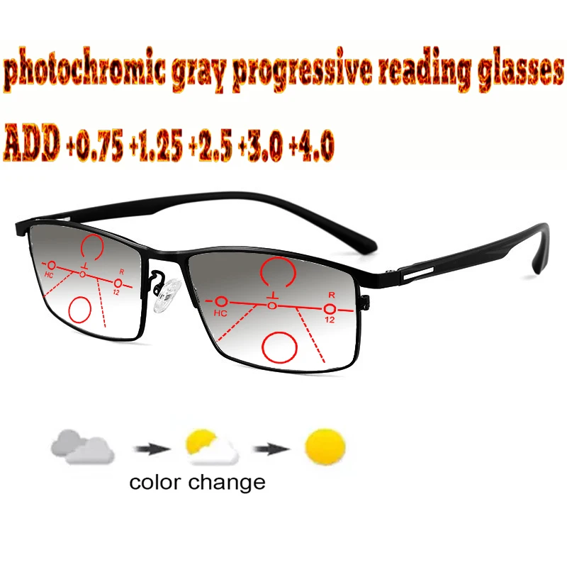 Photochromic Gray Progressive Multifocal Reading Glasses Business women Halfrim Frame Tr90 +1.0 +1.5 +1.75 +2.0 +2.5 +3 +3.5 +4