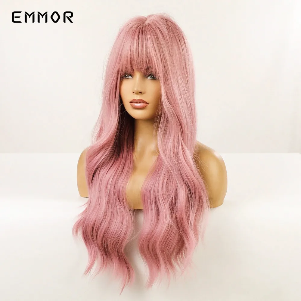 Emmor Long Body Natural Pink Wig for Women Synthetic Wavy Wigs with Bangs Fashion Heat Resistant Fiber Cosplay Party Hair Wig