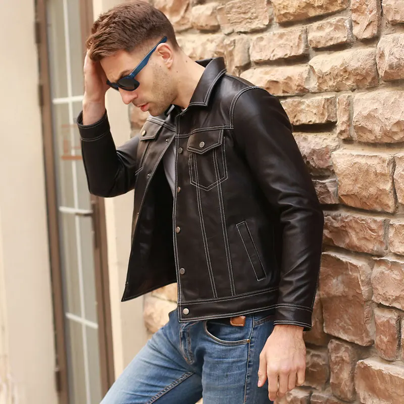 Men's Black Genuine Leather Jacket Single Breasted Sheepskin Short Coat Leisure Spring Autumn