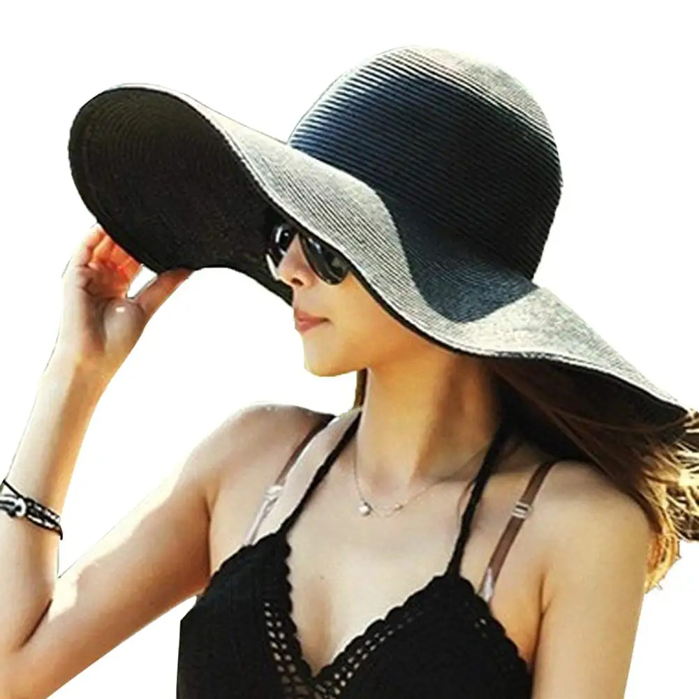 

Fashion Hawaiian Summer Beach Floppy Hat Solid Color Women Wide Brim Straw Sun Cap Casual Vacation For Women hat With Big Heads