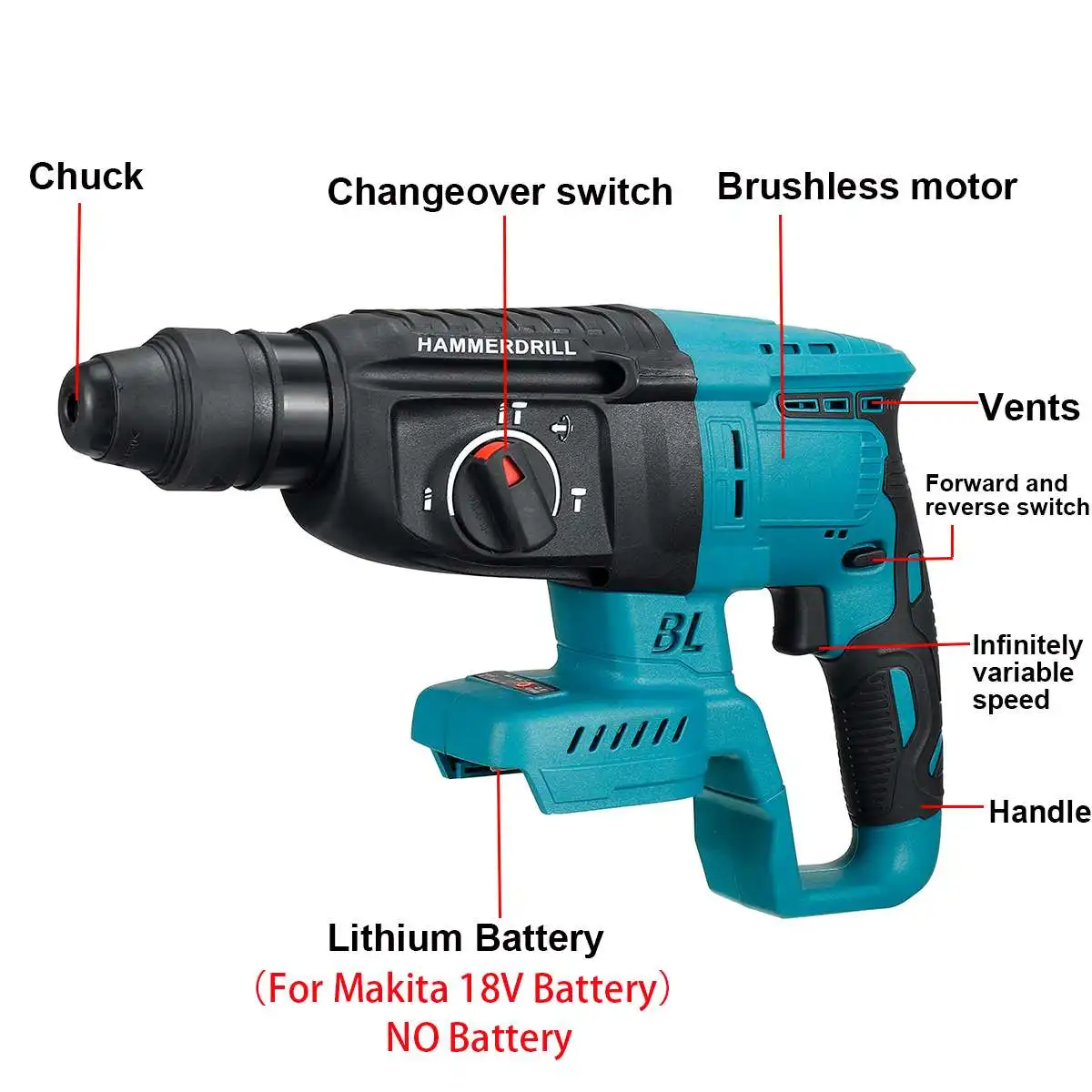 Drillpro 4 funkcje bezszczotkowa akumulatorowa wiertarka udarowa akumulatorowa młotek elektryczny 26mm wiertarka udarowa do akumulatora Makita 18V