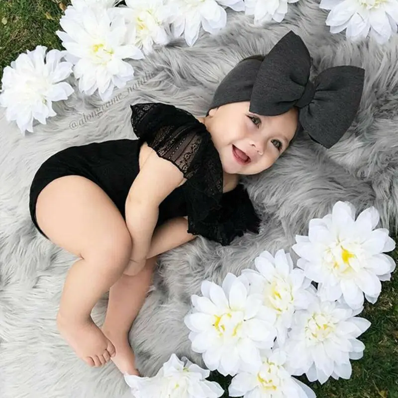 2024 Sweet Black Bodysuit 2pcs Newborn Baby Girl Clothes Off Shoulder Lace Ruffle Jumpsuit Playsuit+Headband Summer Outfit