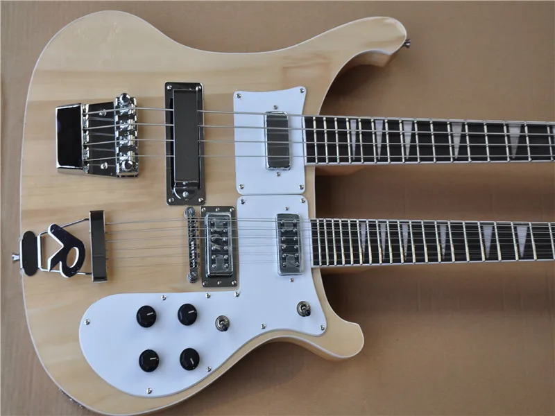 Double neck Natural wood color Electric Bass Guitar with White Pickguard,Chrome Hardware,Provide custom service