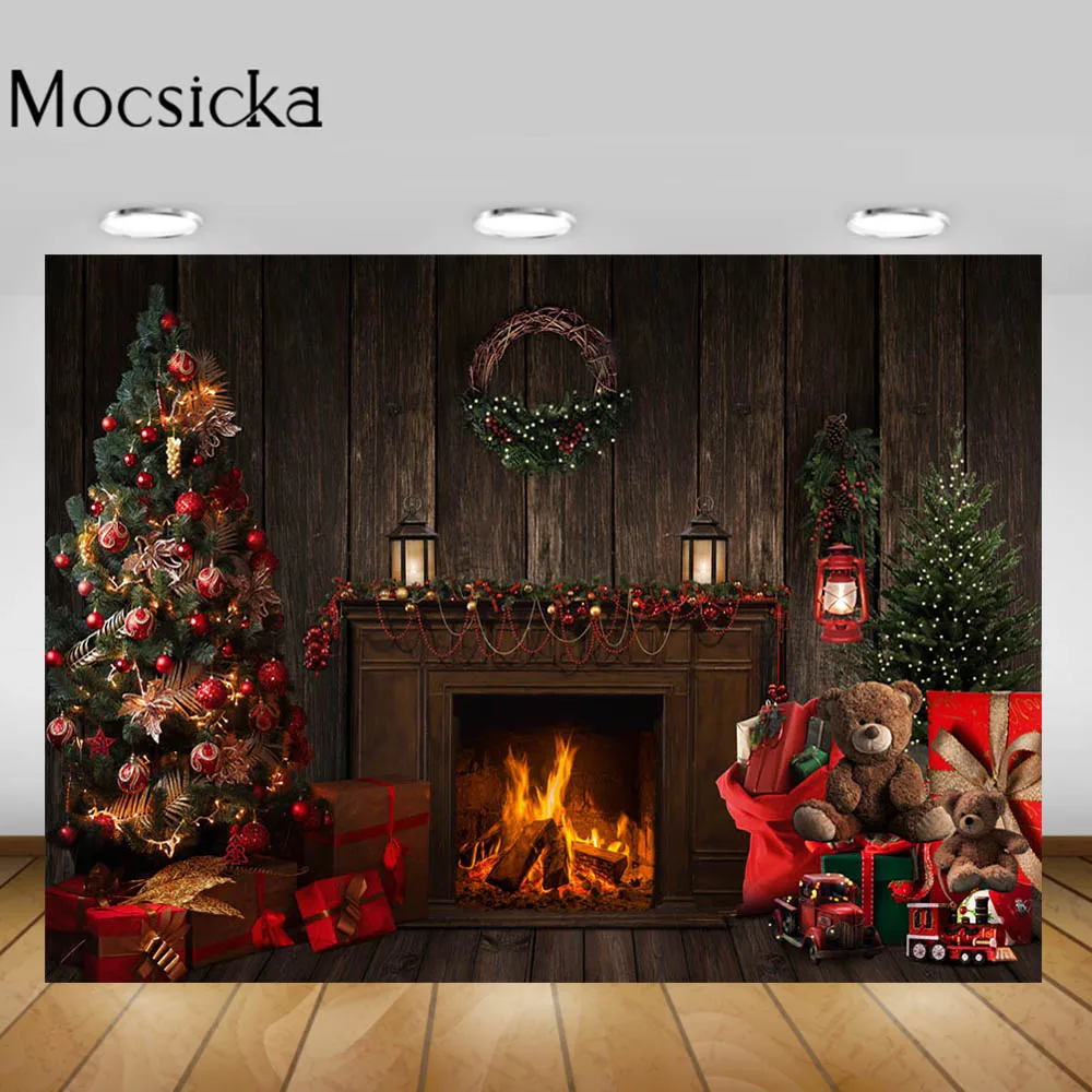 

Mocsicka Wood Wall Fireplace Photography Backdrops Christmas Tree Toy Gift Kid Birthday Photo Background Photo Studio Photoshoot