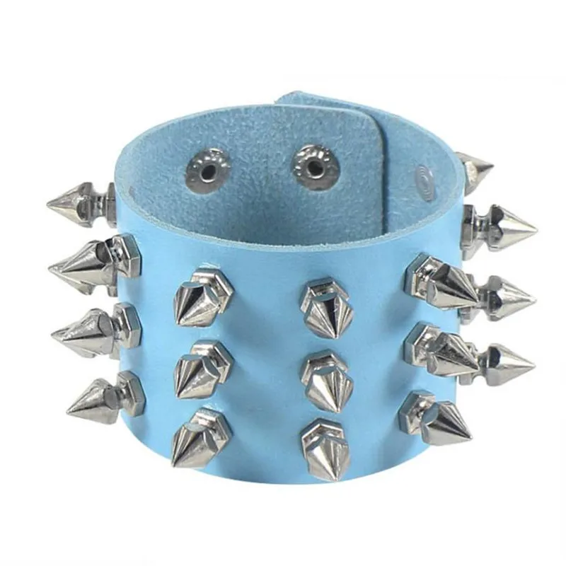 Punk Three Row Cuspidal Spikes Rivet Stud Wide Leather Cuff Bracelet Wristbands Rock Unisex Bangle Bracelets Gothic Men Jewelry