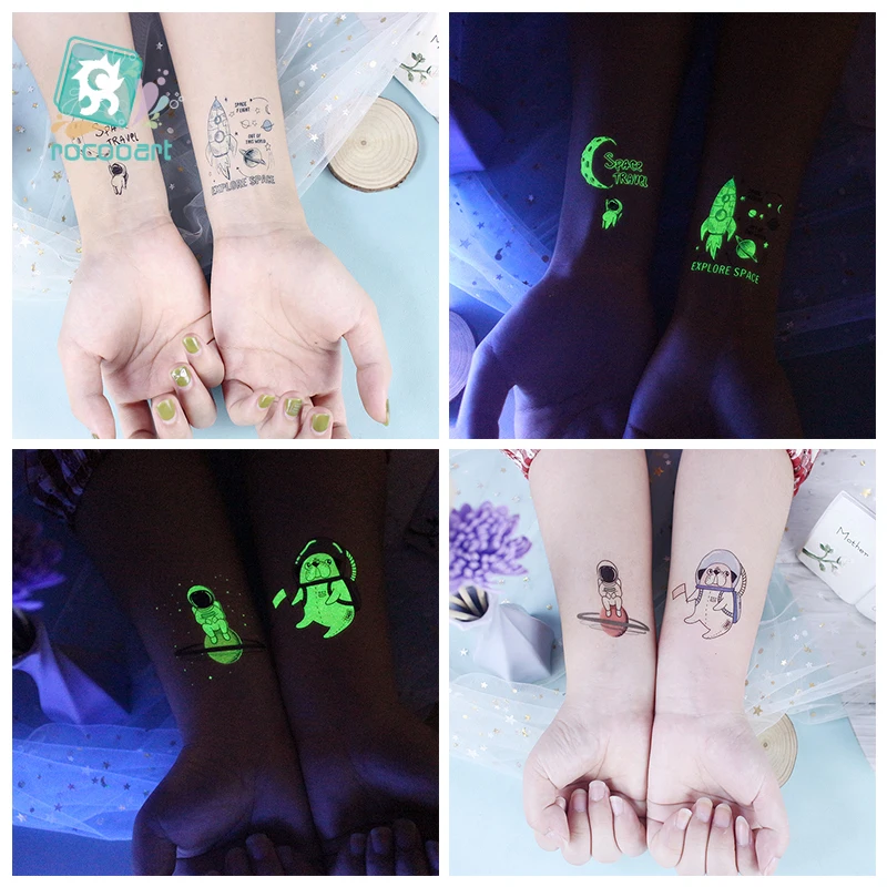 Rocooart Small Tattoo Luminous Tattoo Stickers Cartoon Space Planet Fake Tatoo For Kids Glowing Waterproof Temporarie Tatouage