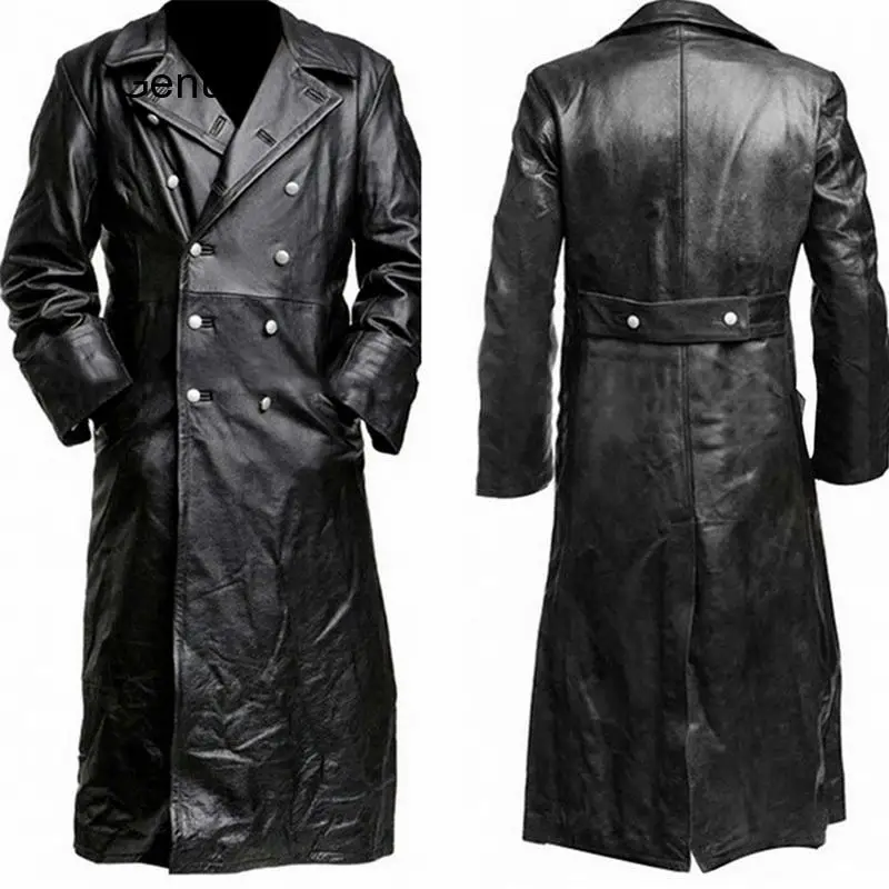 

Button Closure Leather Jacket Top Quality Long Trench Winter Men's Vintage Business Outerwear Premium Officer Black Leather Coat