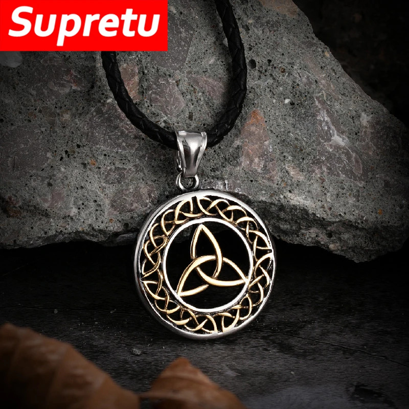 Retro Mens Norse Celtic Knot Necklace Gold Color Viking Rune Stainless Steel Pendant Trinity Amulet Genuine Leather Rope Jewelry