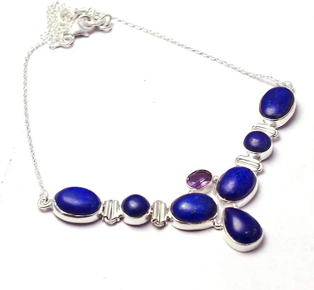 

Genuine Lapis Lazuri + Amethyst Necklace 925 Sterling Silver, 48 cm, MHBNE0173