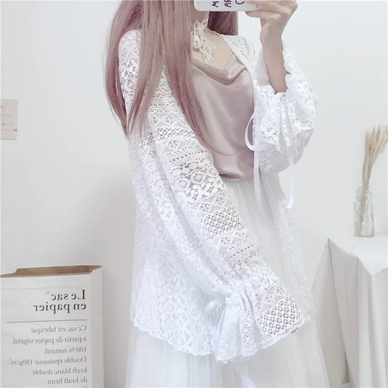 Women Cardigan Loose Lace Hollow Out Long Lantern Sleeve Summer Casual Sun-proof Outwear Girls Sweet Kawaii Korean Style Ulzzang