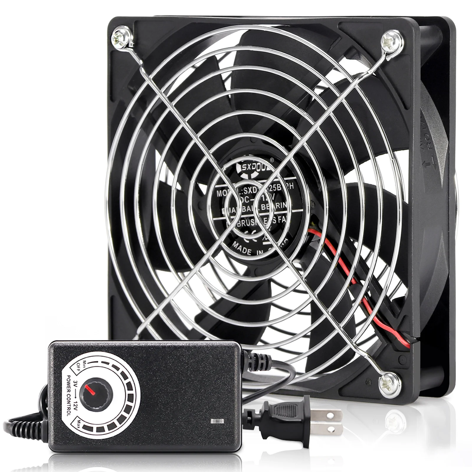 120mm Computer Fan with Speed Controller AC Plug Power Cord 110V 220V  to DC 3V - 12V 2A Exhaust Cooling Router Grow Tent Plant