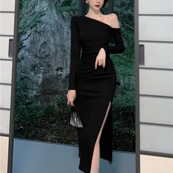 Sexy Black Dress Women Elegant Split Backless Off Shoulder Party Dress Korean Vintage High Waist Irregular Casual Dress 2021 New