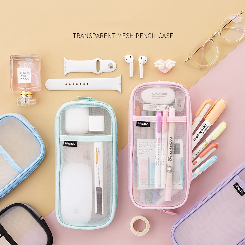 1pcs Angoo Transparent Mesh Pencil Case Pen Bag High Quality Ice Cream Color Storage Pouch Organizer for Stationery School A6452