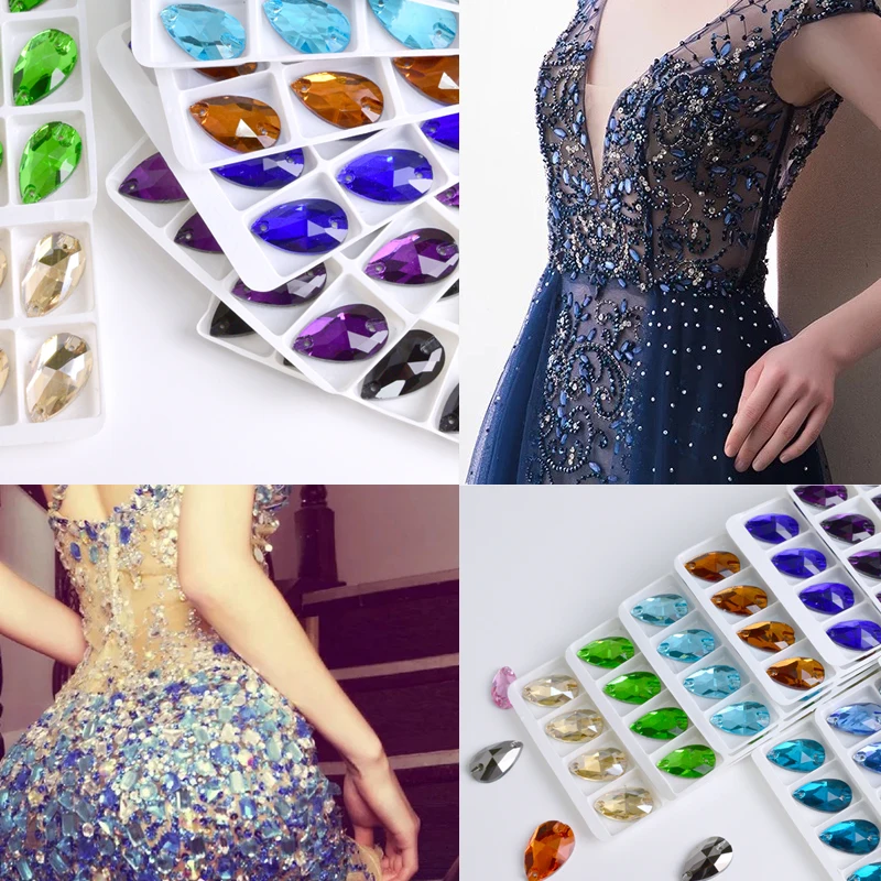 All colors sew-on rhinestones Water drops flatback sew on stone 2 holes glass crystal for DIY wedding dress Accessories all size