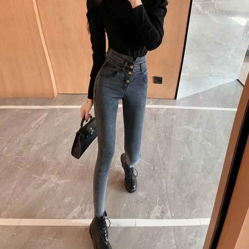 Spring and summer new jeans ladies high waist stretch buttocks slim tailoring tight skinny nine-point pencil pants