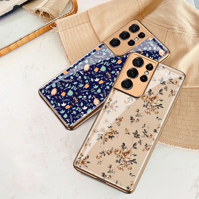 S21 Ultra Funda Case for Samsung Galaxy S21 Ultra S21 Plus Floral Patterned Tempered Glass Coque Protective Phone Case Cover