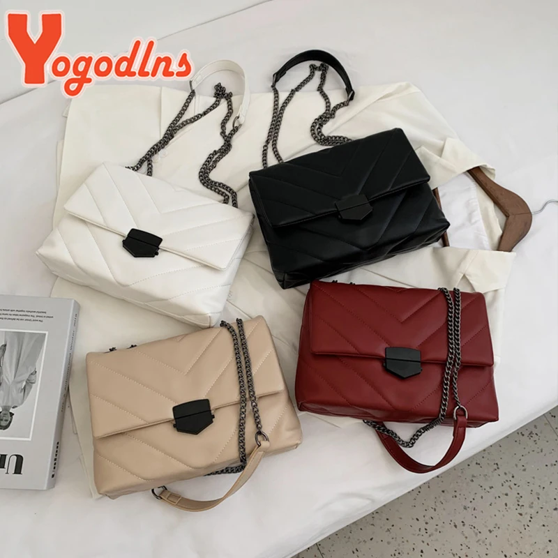 Yogodlns Luxury Thread PU Leather Crossbody Bags Women Fashion Chain Messenger Shoulder Bags Female Large Capacity Lady Handbag