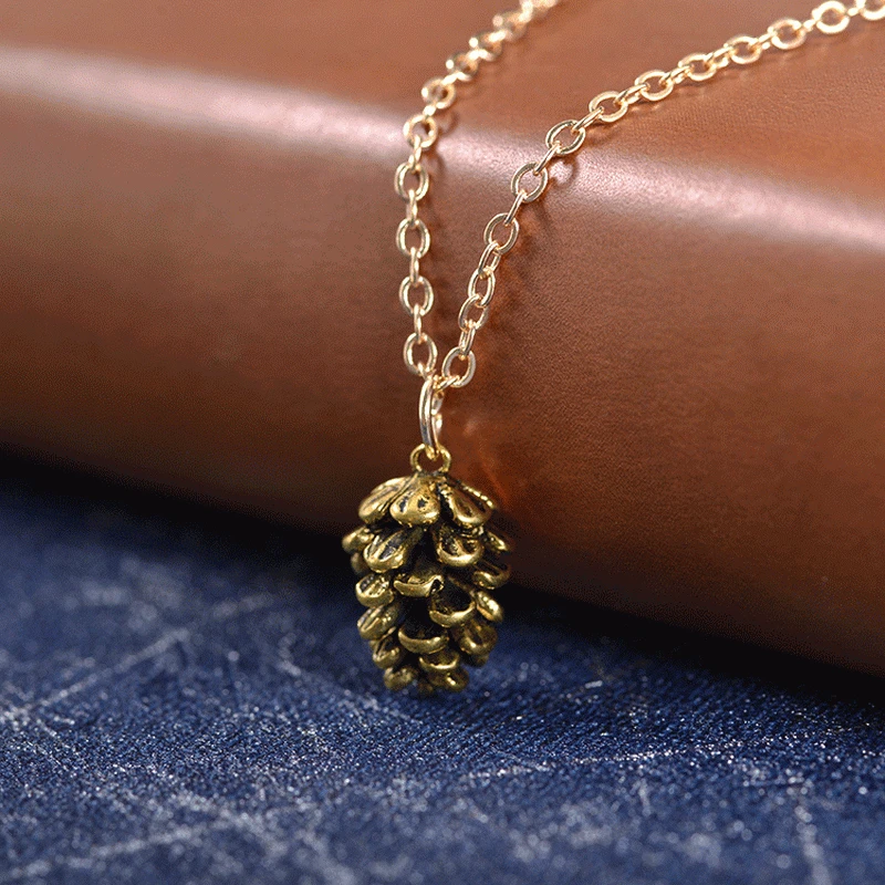 Cute Pine Nut Plant Specimen Pendant Necklace For Women Metal Choker Acorn Pinecone Chain Necklace Jewelry Accessories Gift