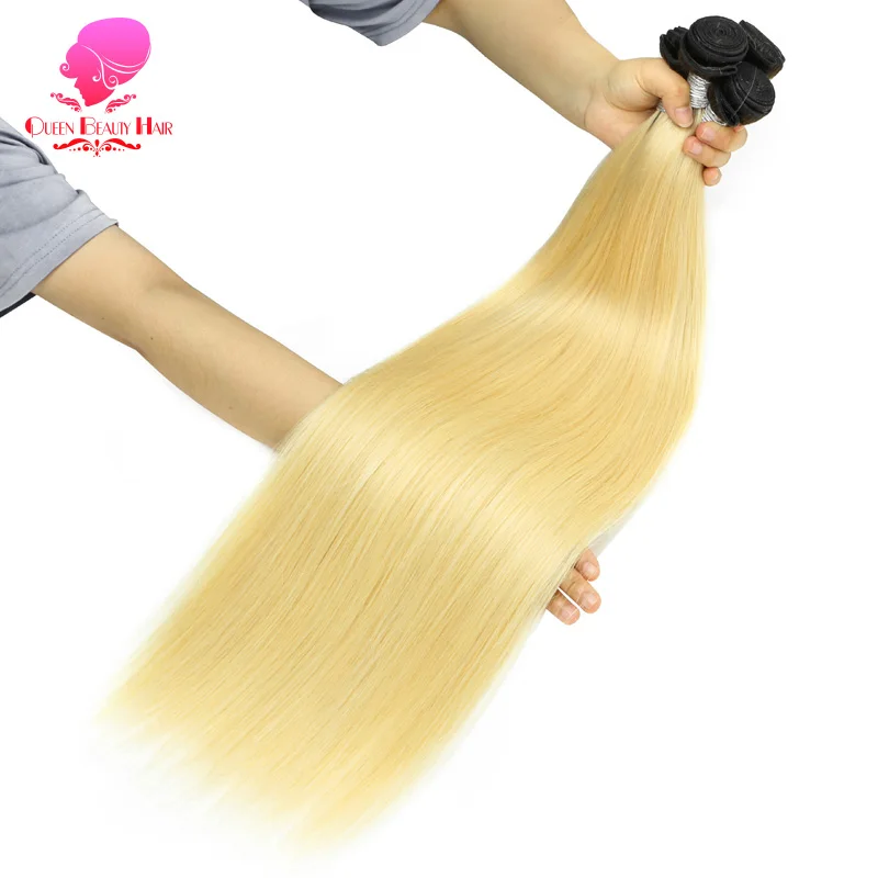Königin Schönheit 3 Bündel und Verschluss 2 Ton dunkle Wurzeln 1b/613 Ombre blonde brasilia nische gerade Bündel remy menschliches Haar mit Verschluss – Detail 6