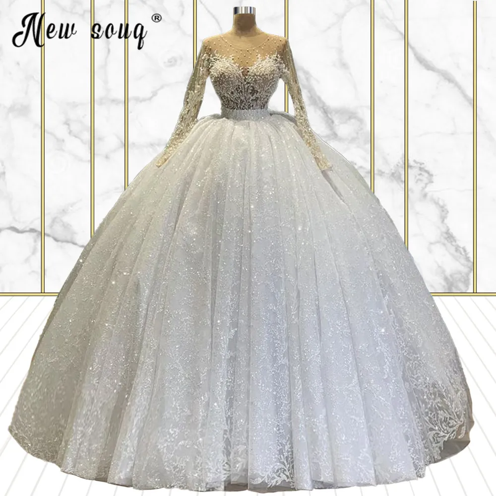 

Lace Beading Ball Gown Wedding Dress 2021 Ivory Long Sleeve O Neck Princess Cathedral Bride Dresses Vestido De Noiva