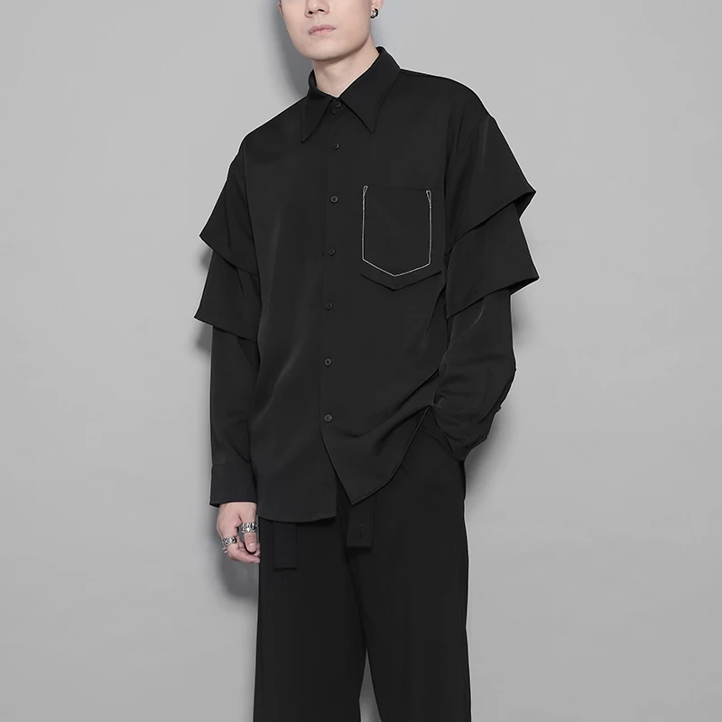 

Autumn Dark Hongkong Style personality double-layer splicing fake two long-sleeved shirt male design feeling minority