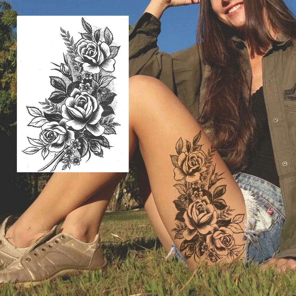 Sexy Blume Temporäre Tattoos Für Frauen Körper Kunst Malerei Arm Beine Tattoos Aufkleber Realistische Gefälschte Schwarz Rose Wasserdicht Tattoos