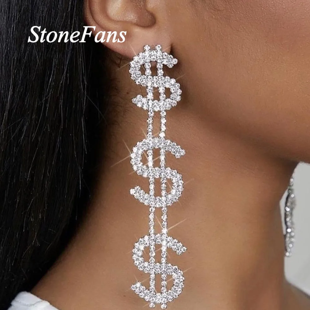 Stone Fans Fashion New Long Dollar Earring Retro Jewelry For Women 2021 Exaggerated Shiny Letter Rhinestone Earrings Accessories