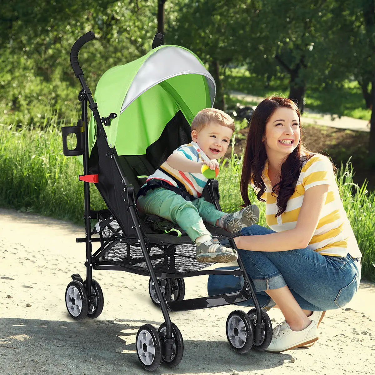 Passeggino da viaggio pieghevole leggero per ombrellone con cestello portaoggetti