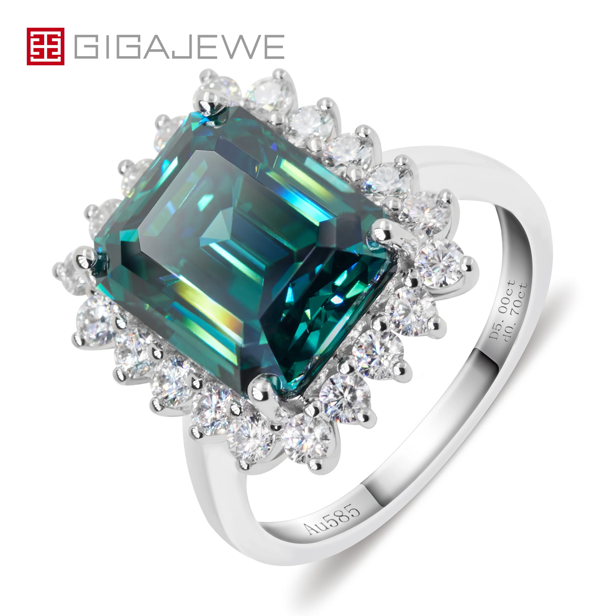 GIGAJEWE Customized Jewelry 5.0ct 9x11mm Green Color Moissanite VVS1 Emerald Cut 18K White Gold Ring Fashion Women Girl Gift